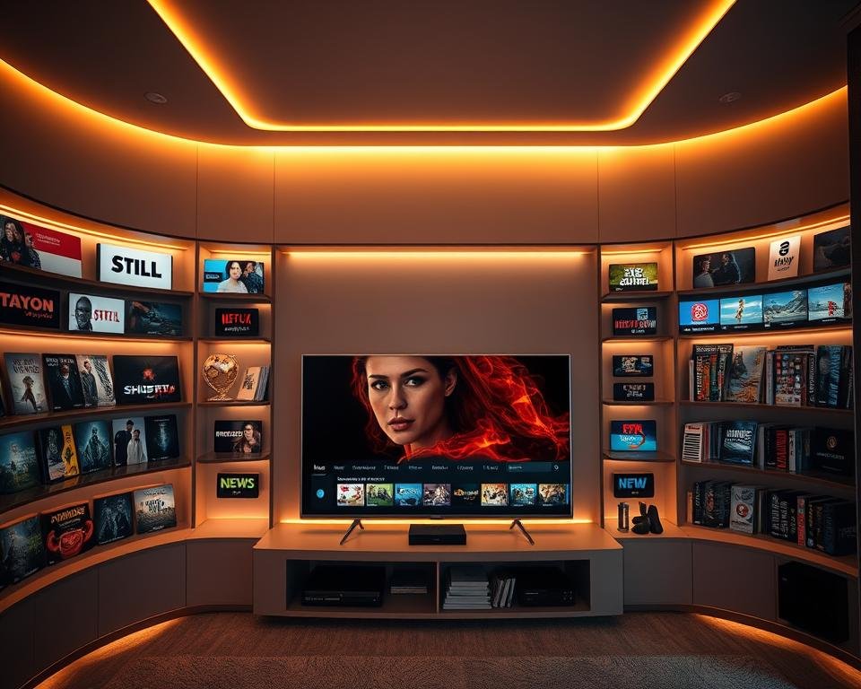 4K content library and channels, showcased in a sleek, modern media center. Vibrant, high-definition thumbnails of popular TV shows, movies, live sports, and news channels adorn the shelves, surrounded by a minimalist, yet immersive environment. Warm, indirect lighting casts a soft glow, creating a premium, cinematic atmosphere. A curved, ultra-high-definition display dominates the center, showcasing a diverse range of 4K content available at the viewer's fingertips. Subtle camera angles and depth of field emphasize the depth and breadth of the 4K library, inviting the viewer to explore the endless entertainment possibilities.