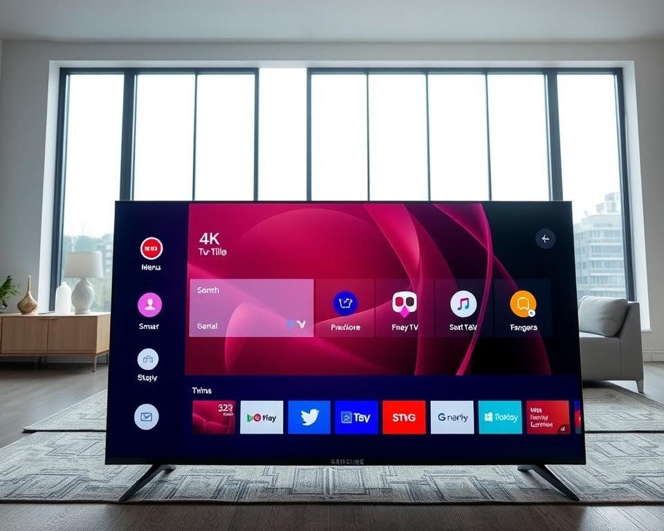 A Samsung smart TV showcasing the Smart Hub interface on a large, 4K display. The foreground depicts the UI with crisp icons, menus, and intuitive controls. The middle ground features the TV itself, sleek and modern in a dark, minimalist design. The background is a well-lit living room setting, with large windows allowing natural light to flood the space, creating a bright, airy atmosphere. The composition is balanced, with the TV positioned centrally and the Smart Hub UI taking up the majority of the frame, emphasizing its importance and usability. The lighting is soft and diffused, creating an inviting and practical ambiance suitable for a home entertainment setup. A Samsung smart TV showcasing the Smart Hub interface on a large, 4K display. The foreground depicts the UI with crisp icons, menus, and intuitive controls. The middle ground features the TV itself, sleek and modern in a dark, minimalist design. The background is a well-lit living room setting, with large windows allowing natural light to flood the space, creating a bright, airy atmosphere. The composition is balanced, with the TV positioned centrally and the Smart Hub UI taking up the majority of the frame, emphasizing its importance and usability. The lighting is soft and diffused, creating an inviting and practical ambiance suitable for a home entertainment setup.