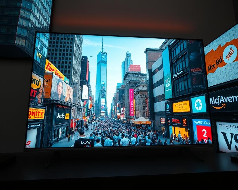 A breathtakingly crisp and vibrant 4K Ultra HD television screen, its screen almost pulsing with life, displaying a crystal clear image of a bustling cityscape. Towering skyscrapers, neon-lit storefronts, and a crowd of people navigating the streets below, all captured in stunning detail. Soft, diffused lighting bathes the scene, creating a warm and inviting atmosphere. The image conveys a sense of energy and immersion, as if the viewer is truly present in the dynamic urban environment. The television itself is sleek and modern, its bezels slim and design elegant, complementing the high-definition visual experience.