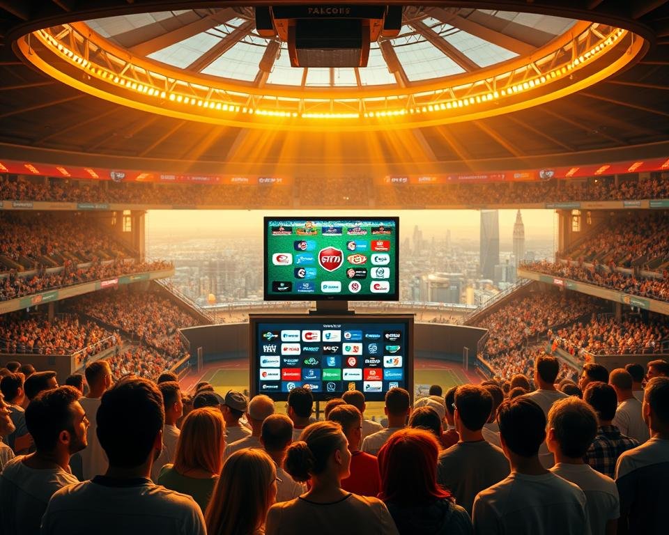 A bustling sports arena with a vibrant energy, illuminated by warm natural lighting that casts a cozy glow. In the foreground, a group of sports enthusiasts gathered around a large screen, their faces alight with excitement as they watch the live streaming of their favorite UK sports teams. The middle ground showcases a sleek, modern IPTV setup, with various sports channel logos displayed prominently. The background features a panoramic view of the city skyline, hinting at the global reach and convenience of this IPTV sports streaming service. The overall atmosphere conveys the unmatched benefits of UK Sports Channels IPTV UK, from the thrilling live action to the ease of access and the sense of community. A bustling sports arena with a vibrant energy, illuminated by warm natural lighting that casts a cozy glow. In the foreground, a group of sports enthusiasts gathered around a large screen, their faces alight with excitement as they watch the live streaming of their favorite UK sports teams. The middle ground showcases a sleek, modern IPTV setup, with various sports channel logos displayed prominently. The background features a panoramic view of the city skyline, hinting at the global reach and convenience of this IPTV sports streaming service. The overall atmosphere conveys the unmatched benefits of UK Sports Channels IPTV UK, from the thrilling live action to the ease of access and the sense of community.
