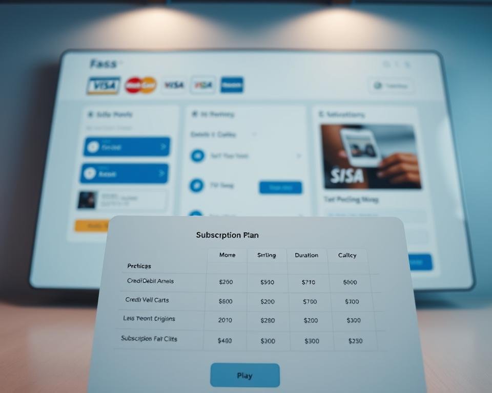 A clean and modern digital payment interface, featuring a variety of prominent payment method icons such as credit/debit cards, digital wallets, and mobile payment options. In the foreground, a sleek subscription plan selection with clear pricing tiers and duration options. The layout is organized and uncluttered, with a cool, minimalist color palette of blues, greys, and whites. The scene is lit by soft, indirect lighting, creating a sense of sophistication and professionalism. Camera angle is slightly elevated, providing an overview of the payment and subscription choices available.
