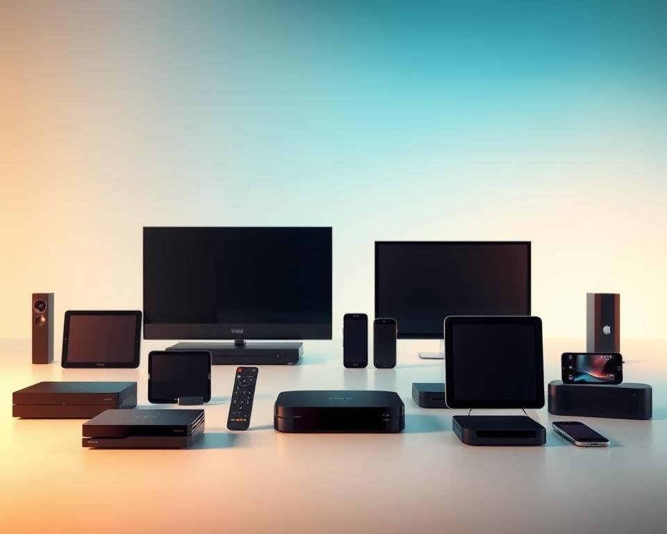 A clean, minimalist composition showcasing a variety of modern streaming devices against a bright, slightly blurred background. In the foreground, an array of set-top boxes, smart TVs, tablets, and smartphones are neatly arranged, each device highlighted with a subtle glow. The middle ground features a seamless gradient, transitioning from a cool, azure hue to a warm, golden tone, creating a sense of depth and balance. Soft, directional lighting accentuates the devices' sleek designs and intuitive user interfaces, conveying a sense of effortless connectivity and compatibility. The overall tone is professional, elegant, and technology-focused, reflecting the article's emphasis on the versatility of IPTV streaming across diverse devices.