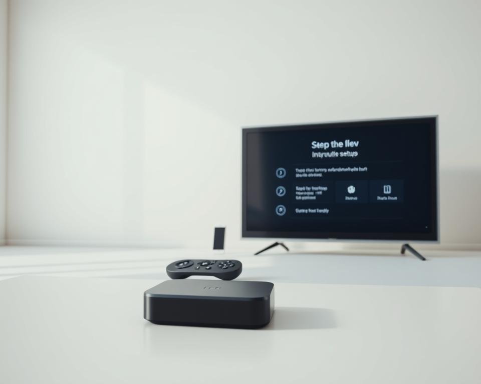 A clean, minimalist setup process for IPTV on a modern device. In the foreground, a sleek smart TV or streaming box sits prominently, its screen displaying intuitive step-by-step instructions. The middle ground features a user-friendly remote control and a mobile device, symbolizing the seamless integration between devices. The background is a crisp, neutral environment, highlighting the simplicity and ease of the setup. Soft, natural lighting illuminates the scene, creating a calm and inviting atmosphere. The overall composition conveys a sense of efficiency, accessibility, and the user-centric design of the IPTV service.