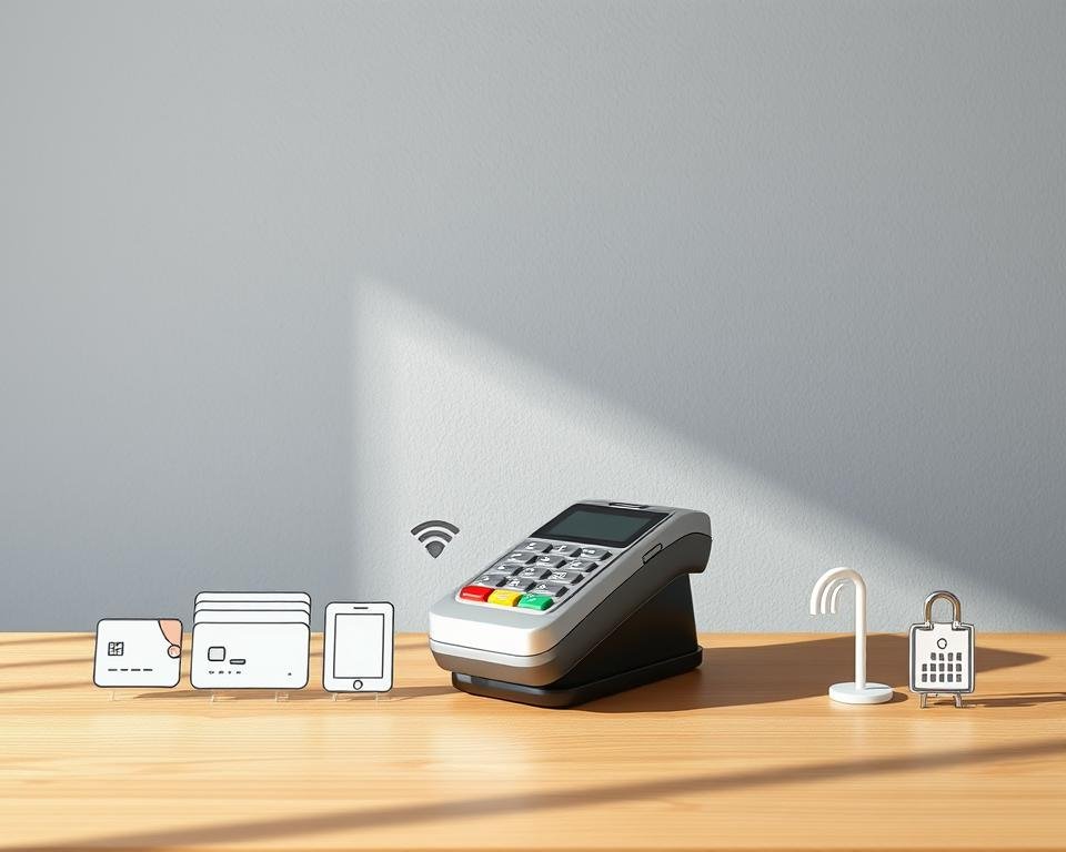 A clean, minimalist tabletop scene showcasing various secure payment method icons and symbols. In the foreground, crisp digital illustrations of credit cards, mobile wallets, and contactless payment devices. The midground features a sleek, silver payment terminal on a wooden surface, casting gentle shadows. The background is a subtly textured grey wall, creating a sense of depth and simplicity. Soft, directional lighting illuminates the scene, highlighting the modern, trustworthy aesthetic. The overall mood is one of security, efficiency, and technological sophistication.