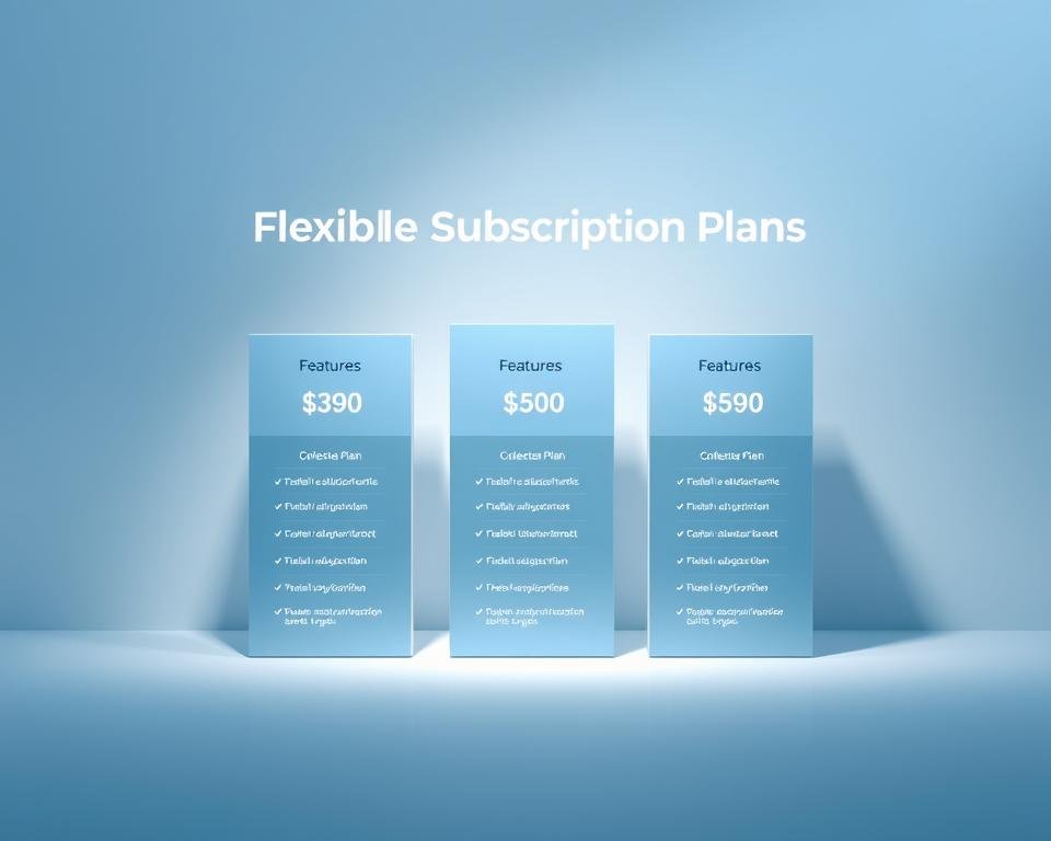 A clean, modern comparison chart set against a subtle, minimalist background. In the foreground, three flexible subscription plans are displayed side-by-side, each with clearly delineated features and pricing. The plans are presented in a sleek, structured layout, using a cool color palette of blues and grays to convey a sense of professionalism and reliability. Soft, directional lighting illuminates the plans, creating depth and highlighting the key details. The overall composition is balanced and visually appealing, creating an informative and visually compelling illustration to support the article's "Flexible Subscription Plans to Suit Your Needs" section.
