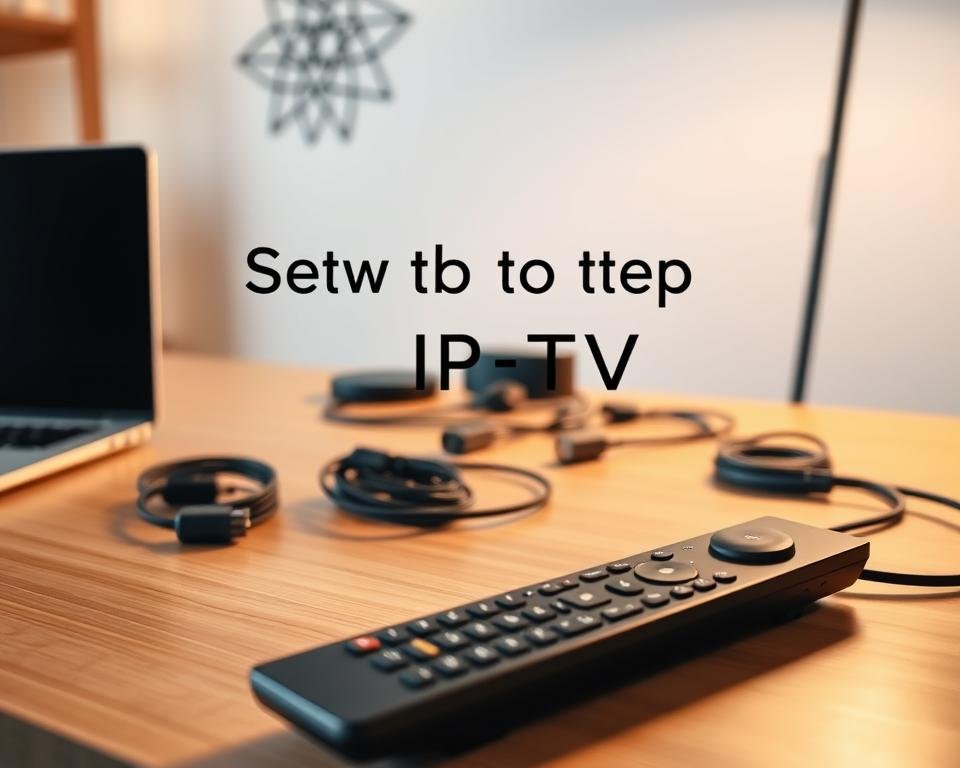 A clean, well-organized workspace with a laptop, remote control, and various cables and devices arranged neatly on a wooden desk. Soft, warm lighting illuminates the scene, creating a calm, professional atmosphere. In the background, a simple, minimalist wall decor adds a touch of sophistication. The overall composition emphasizes the step-by-step process of setting up an IPTV service, conveying a sense of clarity and guidance for the viewer.