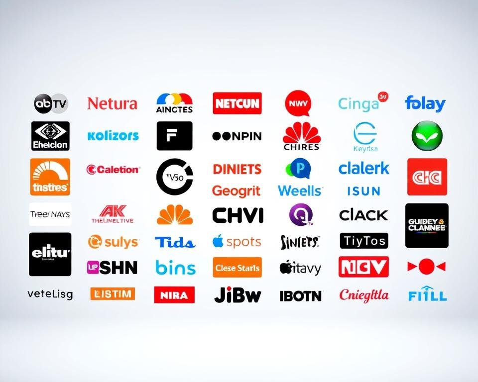A collection of iconic British and international television channel logos arranged in a visually striking grid layout, capturing the diversity and global reach of the television industry. The logos are displayed against a clean, minimalist background, with a subtle gradient that evokes a sense of technology and innovation. The overall composition is balanced and symmetrical, creating a sense of order and professionalism that would be suitable for a section discussing the benefits of a UK IPTV service. The lighting is soft and even, highlighting the distinctive design elements of each logo while maintaining a cohesive and visually appealing aesthetic.