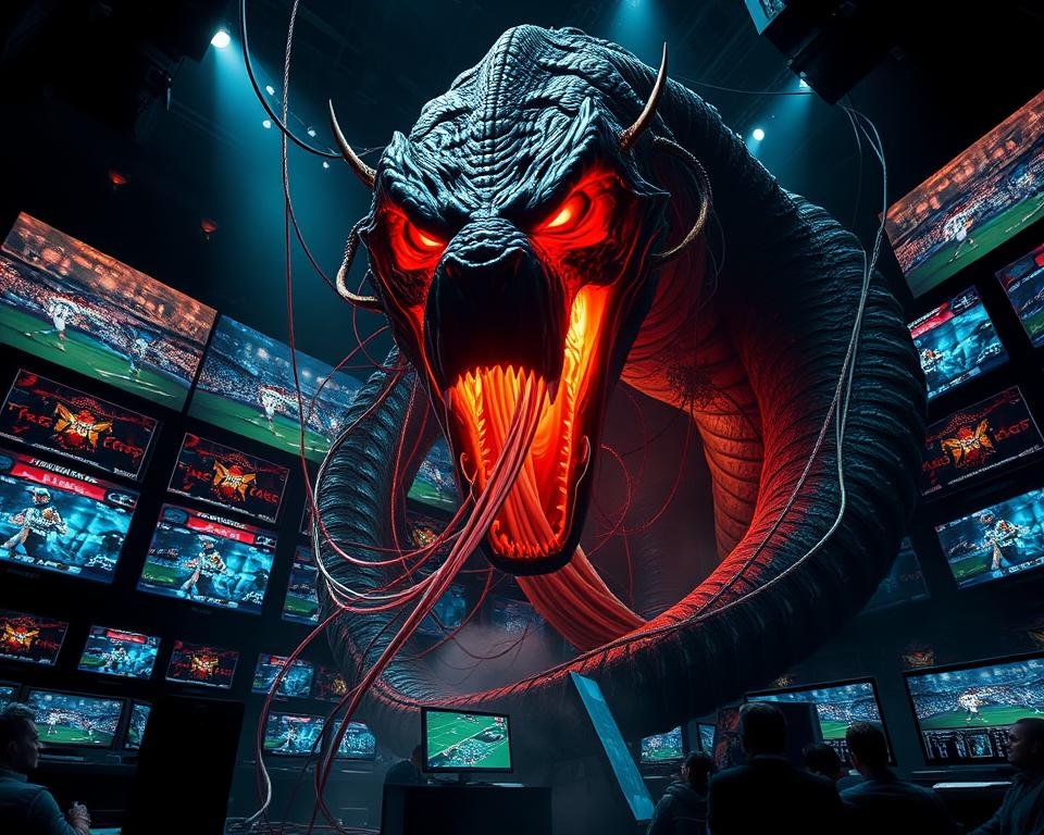 A colossal, serpentine creature with glowing crimson eyes and razor-sharp teeth emerges from a chaotic swirl of sports imagery. Its massive body is entwined with cables and streaming data, symbolizing the raw power and connectivity of a cutting-edge IPTV service. The monster's lair is a dimly lit, high-tech environment filled with screens displaying live sports events, creating an immersive and thrilling atmosphere. Dramatic lighting casts dynamic shadows, heightening the sense of drama and excitement. Captured with a cinematic wide-angle lens, this monstrous guardian of sports streaming dominates the frame, conveying its unparalleled dominance in the world of IPTV.