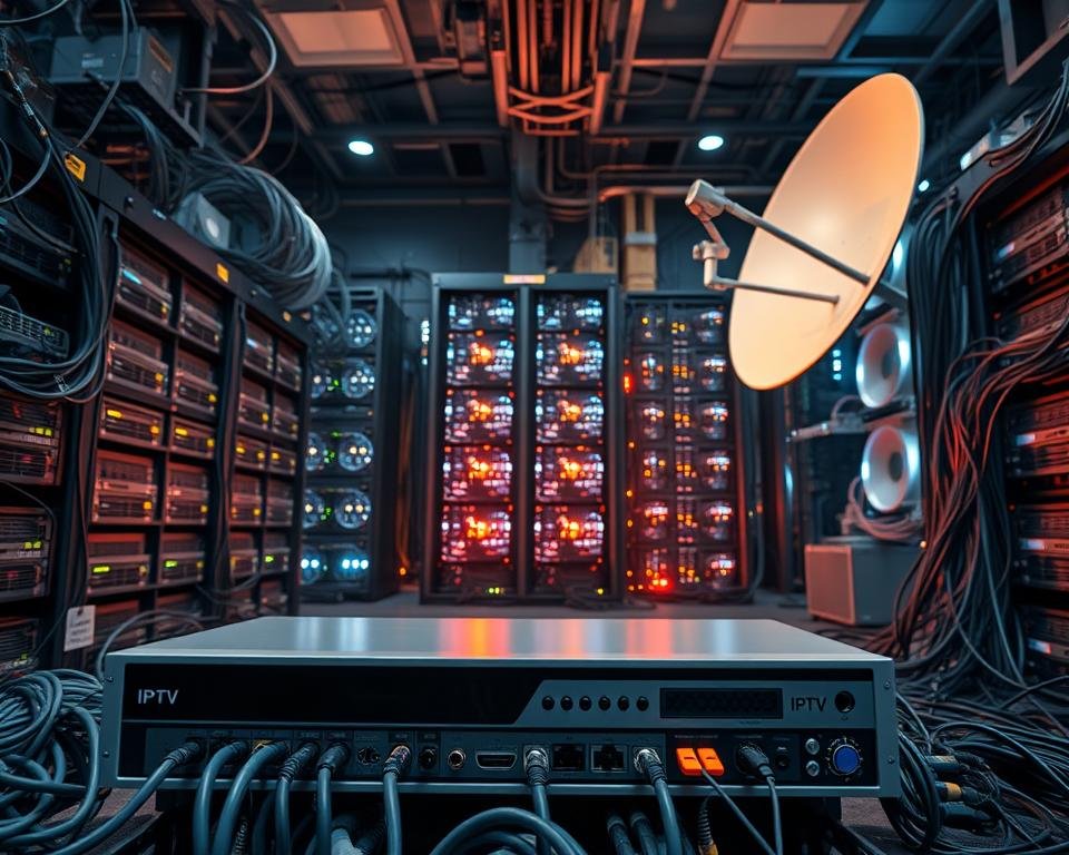 A complex network of interconnected servers, routers, and satellite dishes, representing the intricate infrastructure of IPTV technology. In the foreground, a sleek, modern media hub with various input and output ports, surrounded by a tangle of cables and wires. The middle ground features a server rack filled with blinking lights and cooling fans, symbolizing the powerful computing resources powering the IPTV system. In the background, a satellite dish stands tall, a testament to the global reach of IPTV, casting a warm, ambient glow over the scene. The overall atmosphere conveys a sense of technological sophistication and the seamless integration of digital media delivery.