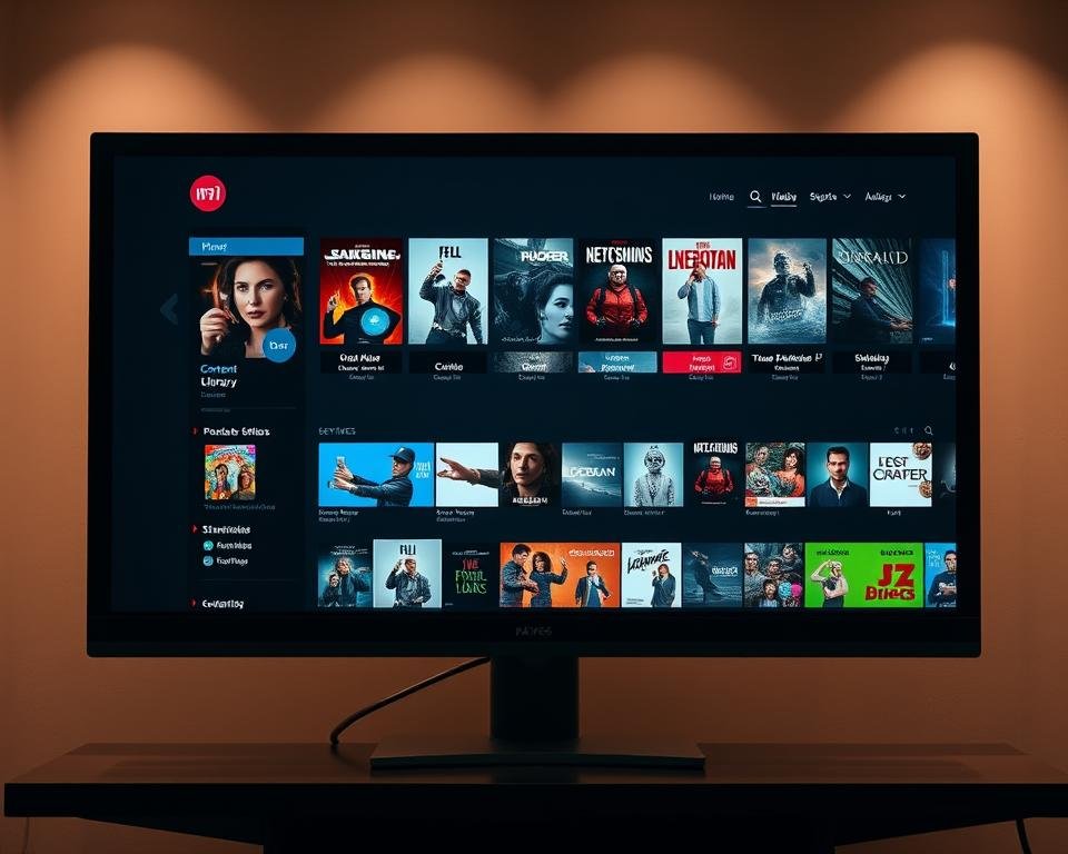 A contemporary, professional content library interface displayed on a sleek, high-resolution computer monitor. The screen showcases a diverse array of on-demand TV shows and films, with intuitive navigation menus and categorization options. The environment is bathed in warm, balanced lighting, creating a refined, inviting atmosphere. The display has a clean, minimalist aesthetic, with subtle branding elements that complement the overall design. The camera angle provides a slightly elevated, frontal view, allowing the viewer to clearly see the breadth and depth of the content offerings. The image conveys a sense of accessibility, curation, and the wealth of entertainment choices available to the user.