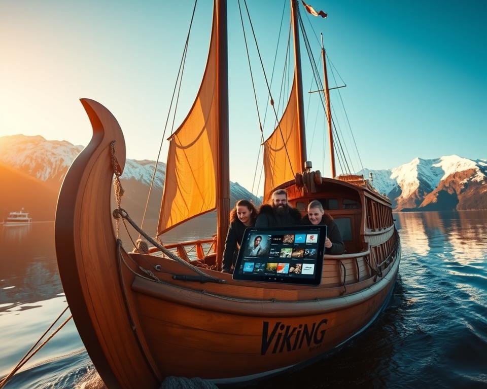 A cozy and inviting Viking longship, its wooden hull glistening under warm afternoon sunlight, sails unfurled as it glides across a serene fjord. In the foreground, the Viking IPTV logo stands proudly on the ship's bow, beckoning viewers to explore its vast trove of global and local content. The middle ground showcases a crew of Vikings, their bearded faces alight with excitement, gathered around a tablet displaying the service's intuitive interface. In the background, snow-capped mountains rise majestically, creating a picturesque Nordic landscape that evokes a sense of adventure and discovery. The overall mood is one of energy, quality, and the spirit of exploration that embodies the Viking IPTV streaming experience.
