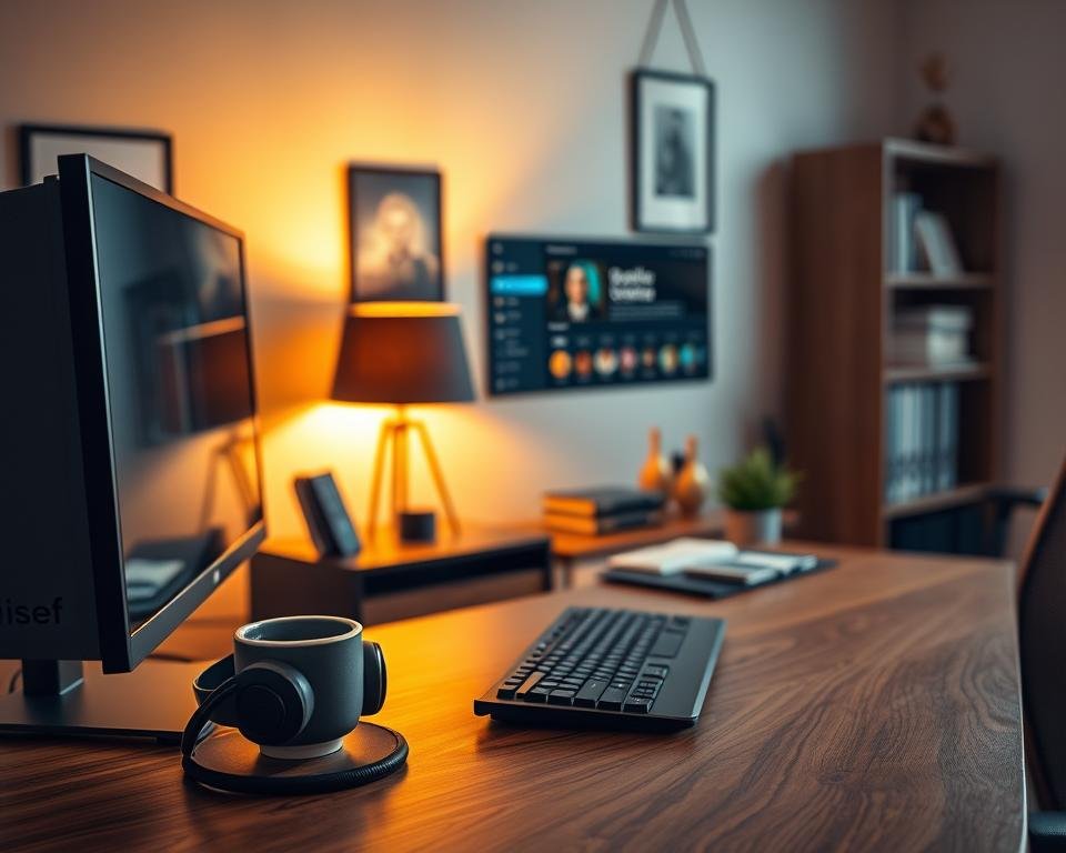 A cozy home office with a sleek desktop computer, a high-resolution monitor displaying a streaming interface, and a wireless keyboard and mouse. Warm indirect lighting illuminates the scene, creating a soothing and productive atmosphere. On the desk, a cup of coffee and a pair of noise-cancelling headphones suggest the user's focus on optimizing their streaming experience. The background features a minimalist wall decor and a bookshelf, hinting at the user's interest in technology and entertainment. The overall composition conveys a sense of efficiency, comfort, and a dedication to enhancing the streaming experience.