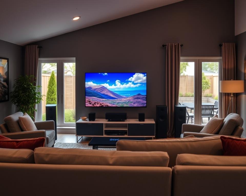 A cozy living room filled with a variety of home entertainment choices. In the foreground, a sleek 4K smart TV takes center stage, its screen showcasing vibrant and detailed images. Surrounding it, a modern media console houses a state-of-the-art sound system, with carefully placed speakers and a powerful subwoofer for an immersive audio experience. In the middle ground, a comfortable sofa and armchair invite viewers to sit back and enjoy the entertainment. The background features large windows, letting in natural light and offering a pleasant view of a well-manicured backyard. The overall atmosphere is one of relaxation and sophistication, with subtle mood lighting and a neutral color palette complementing the high-end equipment.