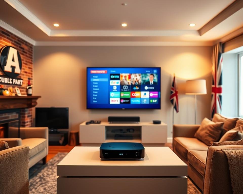 A cozy living room interior with a large, wall-mounted HDTV displaying a selection of live UK TV channels. The room is illuminated by soft, warm lighting from recessed ceiling fixtures, creating a welcoming ambiance. In the foreground, a sleek, modern IPTV streaming device sits atop a minimalist entertainment console, symbolizing the seamless integration of traditional broadcast and internet-based television. The middle ground features comfortable, plush seating arrangements, inviting viewers to settle in and enjoy their favorite UK programming. The background showcases stylish, quintessentially British decor elements, such as a brick fireplace, wooden accents, and a Union Jack flag, reinforcing the "British IPTV" theme.