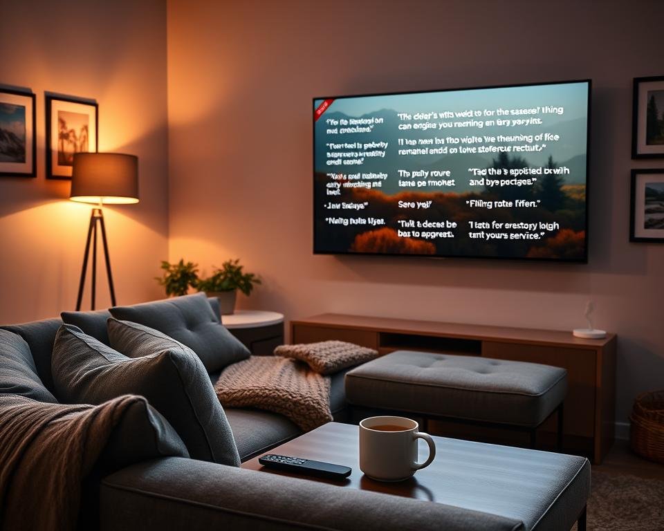 A cozy living room setting with a large flatscreen TV mounted on the wall, displaying a series of customer testimonials for a popular streaming service. In the foreground, a plush gray sectional sofa with fluffy pillows and a knitted throw blanket. On the coffee table in front, a sleek remote control and a mug of hot tea. Soft, warm lighting from a floor lamp in the corner casts a comforting glow throughout the space. The walls are adorned with framed nature photographs, creating a serene, inviting atmosphere. The customer testimonials on the TV screen showcase satisfied users praising the service's wide selection, user-friendly interface, and reliable performance.