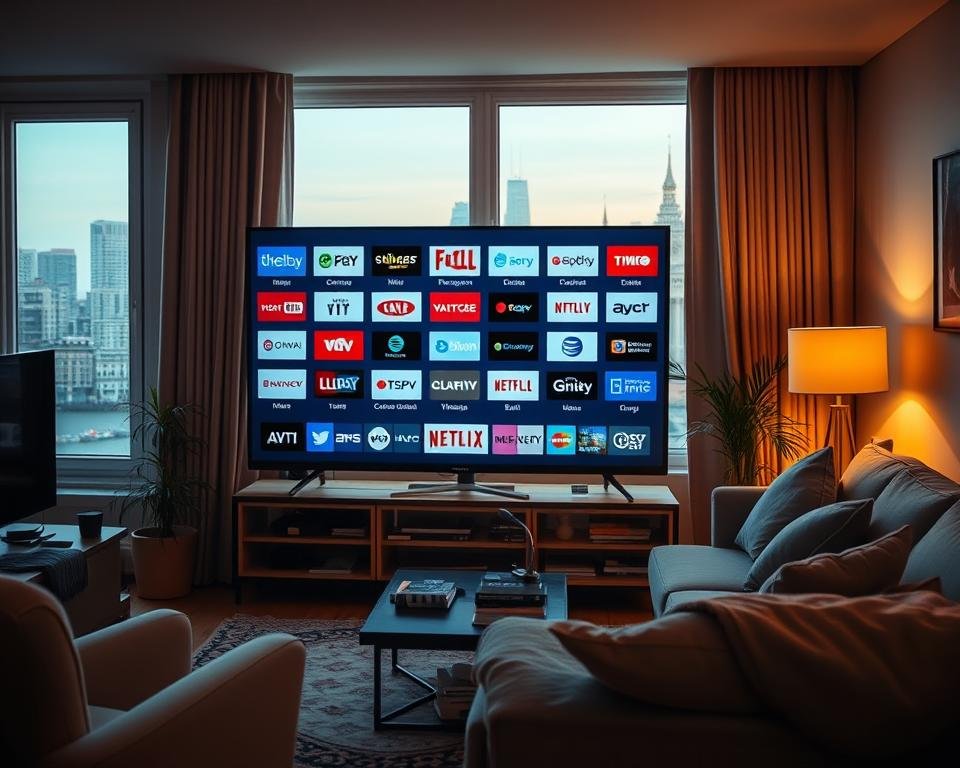 A cozy living room setup with a large television display prominently featured. The television screen shows a dynamic grid of channel logos and icons, representing the diverse selection of British television programming. The room is bathed in warm, soft lighting, creating a welcoming and inviting atmosphere. The furniture, such as a comfortable sofa and armchair, suggests a relaxed and homely setting. Through the window, a cityscape can be seen in the background, hinting at the urban context of the household. The overall composition conveys the idea of a tailored, immersive British IPTV experience that caters to the preferences of UK households.