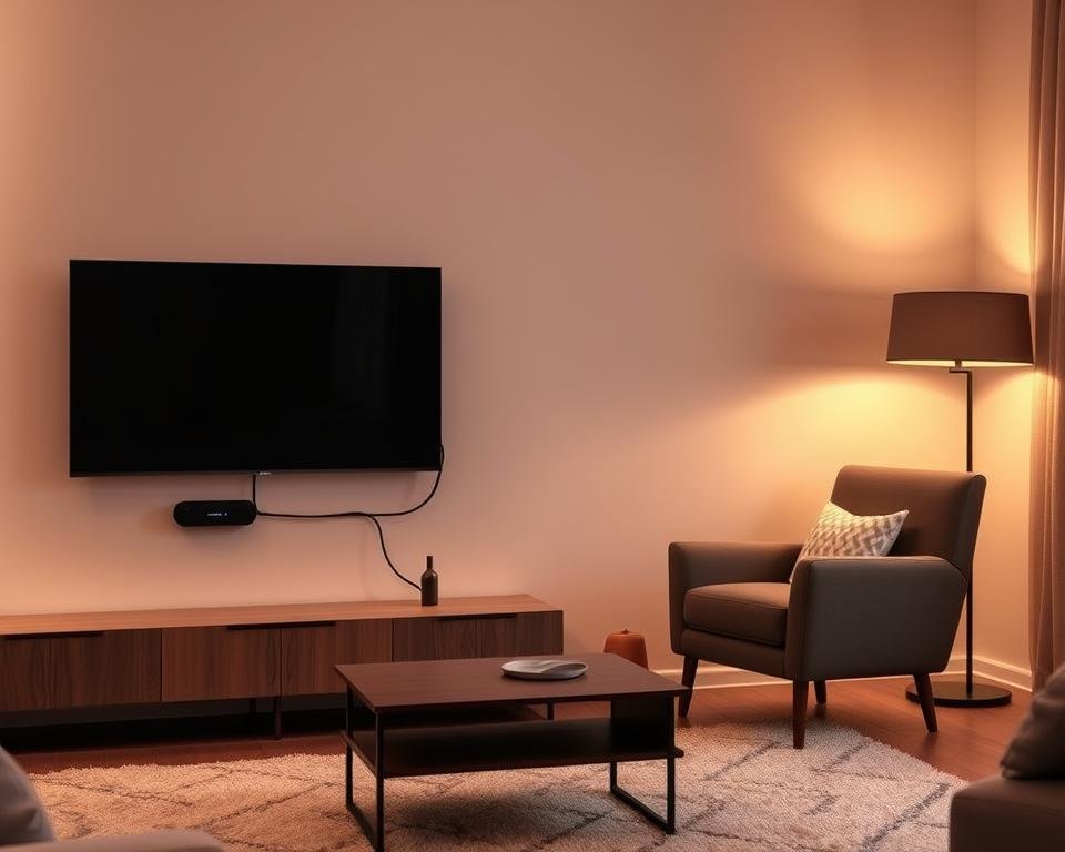 A cozy living room setup with a sleek smart TV mounted on the wall, a streaming device connected discreetly, and a comfortable armchair placed nearby. Soft, warm lighting creates a welcoming ambiance, with a minimalist coffee table and a plush rug completing the inviting scene. The room exudes a sense of simplicity and convenience, perfectly capturing the "Quick Streaming Service Setup" concept.