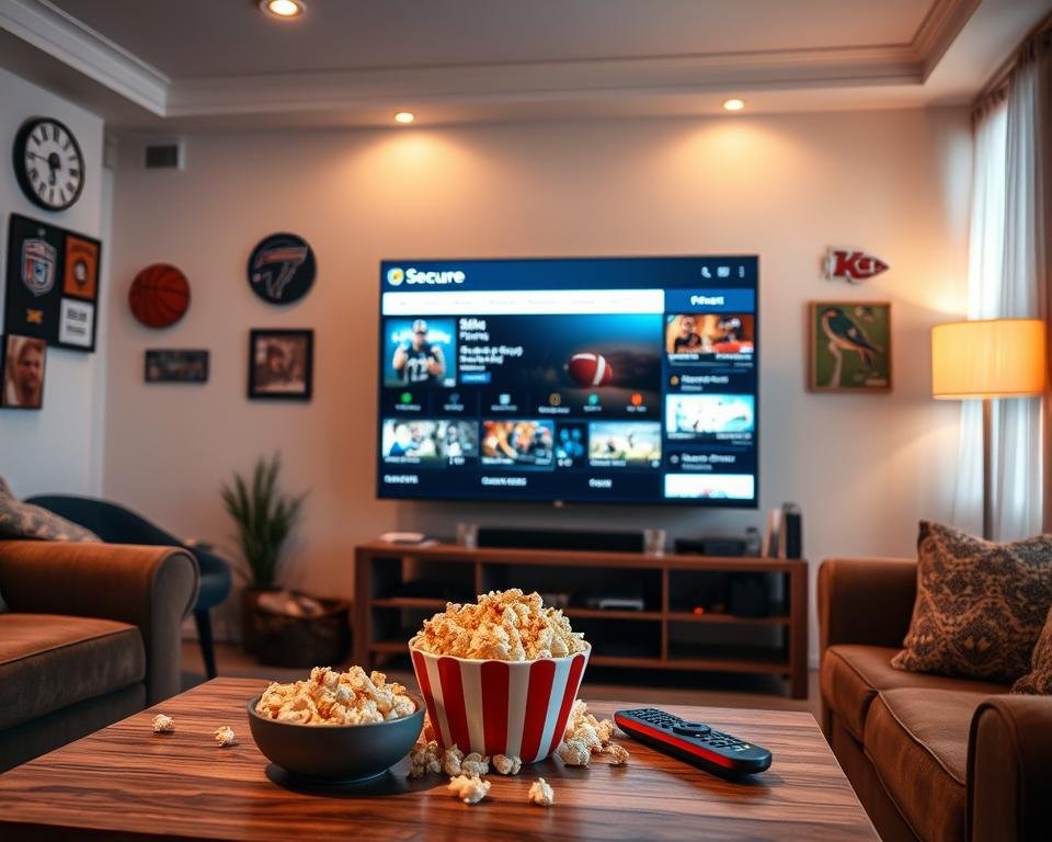 A cozy living room with a large TV screen displaying a secure streaming interface. The room is bathed in warm, soft lighting, creating a comfortable and inviting atmosphere. On the coffee table, a bowl of fresh popcorn and a remote control, symbolizing the ease and enjoyment of a legal streaming experience. The walls are adorned with sports memorabilia, hinting at the passion of the viewer. The overall scene conveys a sense of security, legality, and the pleasure of watching live sports events from the comfort of one's own home.