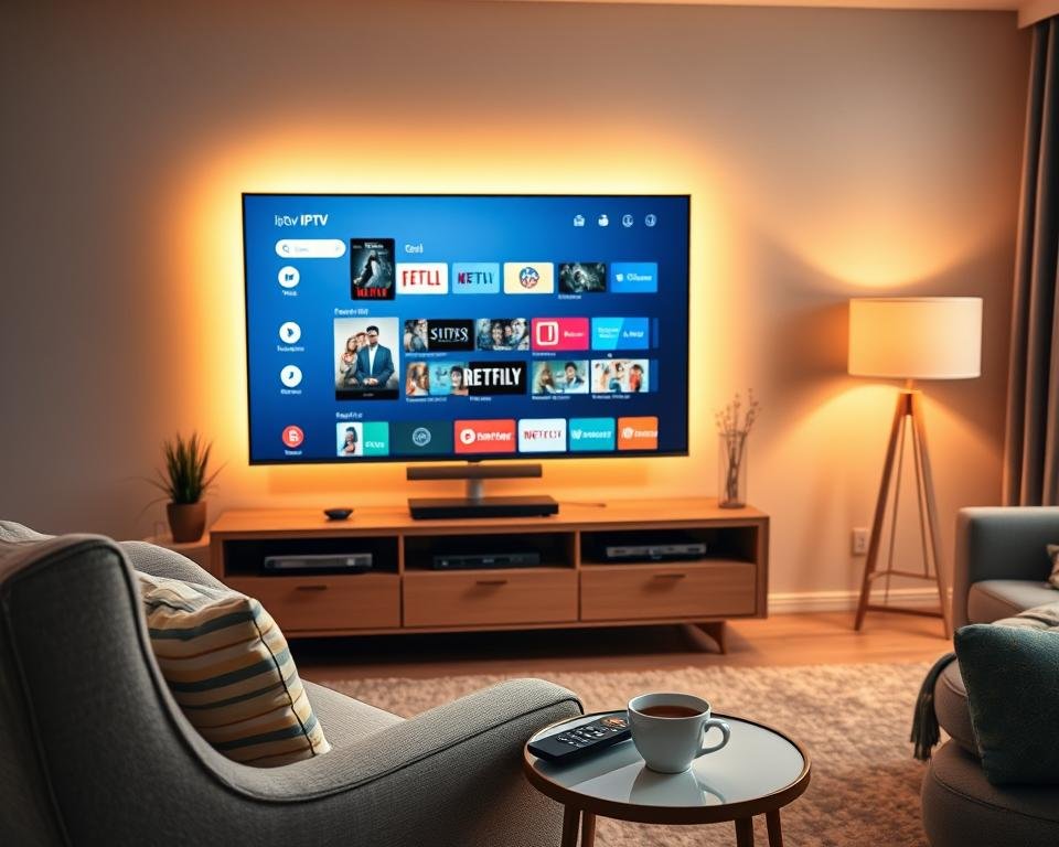 A cozy living room with a modern flat-screen TV prominently displayed, illuminated by warm, soft lighting. The TV screen depicts a sleek, minimalist user interface for an IPTV streaming service, showcasing a diverse library of on-demand content. In the foreground, a comfortable armchair and a side table with a streaming device, remote control, and a cup of tea, creating a inviting and relaxing atmosphere. The middle ground features a stylish entertainment unit with neatly organized media components, while the background showcases a tasteful, contemporary interior design with neutral tones and clean lines.