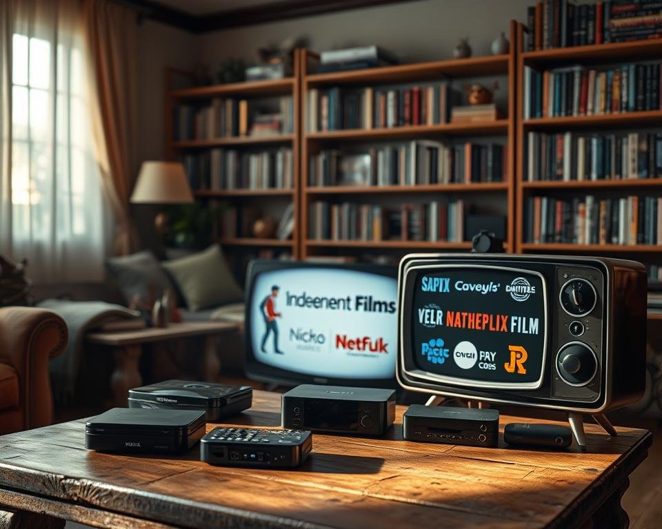 A cozy living room with various streaming devices scattered across a rustic wooden table, casting a warm glow. In the foreground, a vintage television set displays the logos of lesser-known streaming platforms, their niche content ranging from independent films to foreign language series. Soft lighting filters through sheer curtains, creating a sense of intimacy and exclusivity. In the background, bookshelves filled with eclectic media collections hint at the diverse tastes of the discerning viewer. An atmosphere of discovery and exploration permeates the scene, inviting the viewer to explore the hidden gems of the streaming landscape.