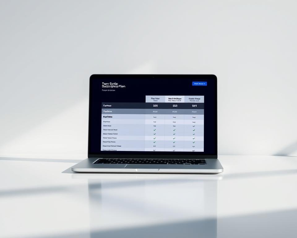 A crisp, minimalist evaluation of subscription plans displayed on a sleek, modern laptop. The screen shows a side-by-side comparison of different plan tiers, their features and pricing, presented in a clean, intuitive interface. The laptop rests on a polished, reflective surface, bathed in soft, directional lighting that casts subtle shadows and highlights the device's elegant design. The background is a simple, muted gradient that allows the central focus to be the informative yet visually appealing plan comparison. An atmosphere of thoughtful decision-making and consumer empowerment pervades the scene.