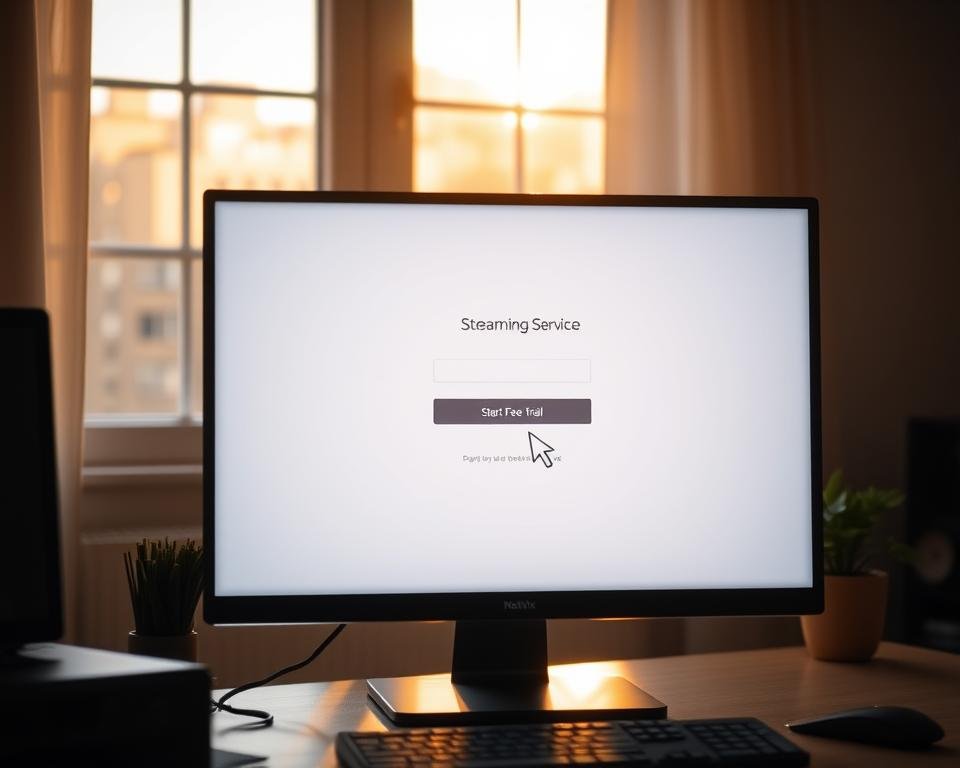 A desktop computer displaying a streaming service login screen, backlit by a soft glow. The cursor hovers over the "Start Free Trial" button, inviting the user to explore the platform's offerings. The screen is framed by a minimalist, modern workspace, hinting at the effortless integration of digital content into daily life. Warm, natural lighting filters through a nearby window, creating a welcoming atmosphere. The composition emphasizes the accessibility and convenience of discovering new movies and shows with just a few clicks.