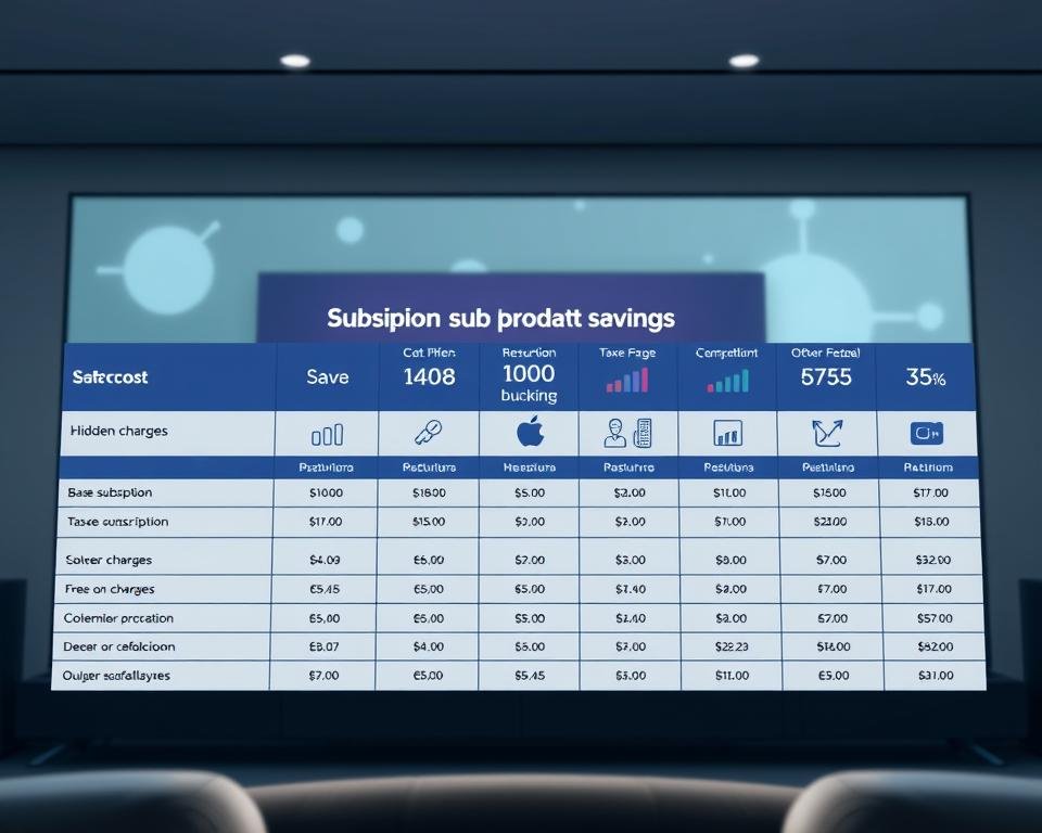 A detailed breakdown of subscription fees and hidden charges for a UK live TV streaming service, illustrated with a clear, informative layout. The foreground features a neatly organized table or infographic displaying the various cost components - base subscription, add-ons, taxes, and other fees. The middle ground includes visual cues like icons, charts, or symbols to represent different service tiers or optional features. The background suggests a modern, technology-focused environment with subtle UI elements or abstract shapes conveying a sense of digital interfaces. Lighting is clean and natural, with a balanced, professional tone. The overall composition prioritizes legibility and visual clarity to effectively communicate the cost details to the reader.