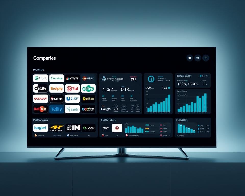 A detailed comparison analysis of leading UK IPTV services, presented on a sleek, minimalist display. In the foreground, a series of service logos arranged in a grid, highlighting the key providers. In the middle ground, neatly organized data visualizations and charts, conveying performance metrics, pricing, and feature comparisons. The background features a subtle, clean-lined pattern, lending an air of professionalism and authority. Crisp, evenly diffused lighting creates a sense of clarity, while a slightly muted color palette suggests a tone of analytical objectivity. The overall composition is balanced, modern, and designed to effectively communicate the comparative insights of UK IPTV services.