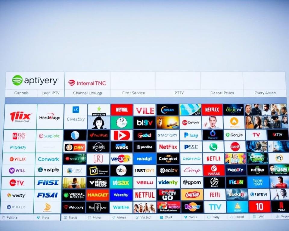 A detailed comparison of leading IPTV providers, showcasing their channel lineups, pricing, and user experience. The foreground features logos and branding of top IPTV services side by side, allowing for easy comparison. The middle ground shows various international channel icons, representing the diverse content available. The background is a clean, minimalist grid layout, accentuating the professional, informative nature of the comparison. Soft lighting and a neutral color palette create a sleek, modern atmosphere, suitable for an article on UK international TV options.