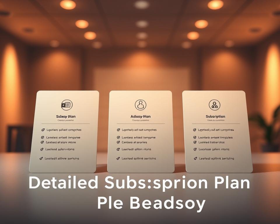 A detailed illustration of tiered subscription plan options. In the foreground, three distinct plan tiers are presented on sleek, minimalist cards against a muted, monochromatic background. Each plan showcases its features through clean, iconic symbols and concise, readable text. The middle ground features a subtle grid or graph, hinting at the comparative analysis of the plans. The background is a softly blurred, high-key environment, allowing the subscription plans to take center stage. Warm, directional lighting casts gentle shadows, creating depth and dimensionality. The overall aesthetic is sophisticated, modern, and informative, perfectly suited to highlight the "Detailed Subscription Plan Breakdown" section. A detailed illustration of tiered subscription plan options. In the foreground, three distinct plan tiers are presented on sleek, minimalist cards against a muted, monochromatic background. Each plan showcases its features through clean, iconic symbols and concise, readable text. The middle ground features a subtle grid or graph, hinting at the comparative analysis of the plans. The background is a softly blurred, high-key environment, allowing the subscription plans to take center stage. Warm, directional lighting casts gentle shadows, creating depth and dimensionality. The overall aesthetic is sophisticated, modern, and informative, perfectly suited to highlight the "Detailed Subscription Plan Breakdown" section.