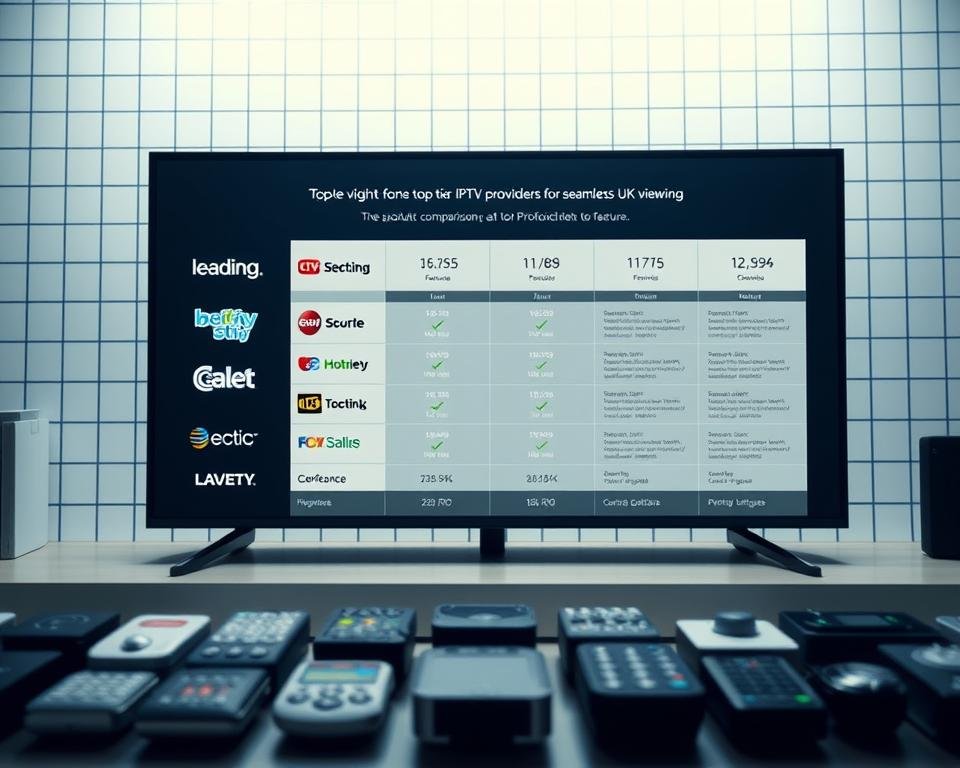 A detailed product comparison of top-tier IPTV providers for seamless UK TV viewing. In the foreground, neatly arranged icons and logos of leading IPTV services. The middle ground showcases feature comparison charts, highlighting performance metrics and channel lineups. In the background, a subtle grid pattern evokes a technical, data-driven ambiance. Soft lighting illuminates the scene, creating a professional, authoritative tone. The overall composition conveys a comprehensive, informative overview of the IPTV market for discerning UK viewers.