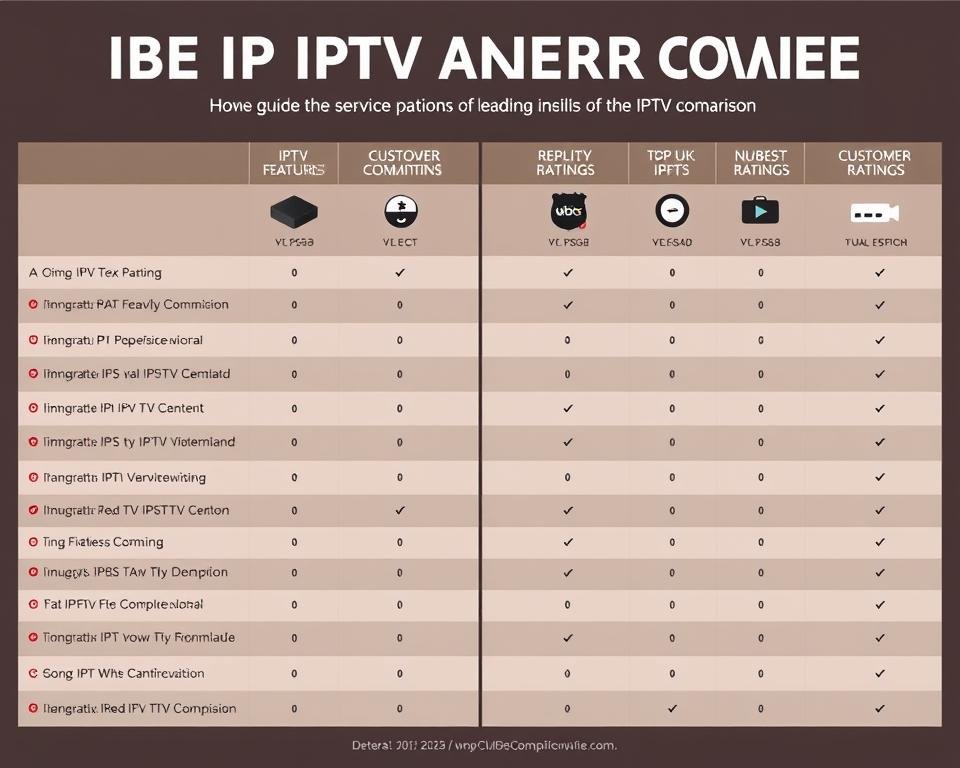 A detailed, side-by-side comparison guide of leading IPTV service providers in the UK, showcasing their features, pricing, and customer ratings. The image should have a clean, professional layout with icons, charts, and data visualizations that allow for easy comparison. Capture the atmosphere of an authoritative, well-researched resource that UK Firestick users can refer to when choosing the best IPTV service. Use a warm, neutral color palette with clean typography and a subtle grid layout to create a visually appealing and informative infographic.