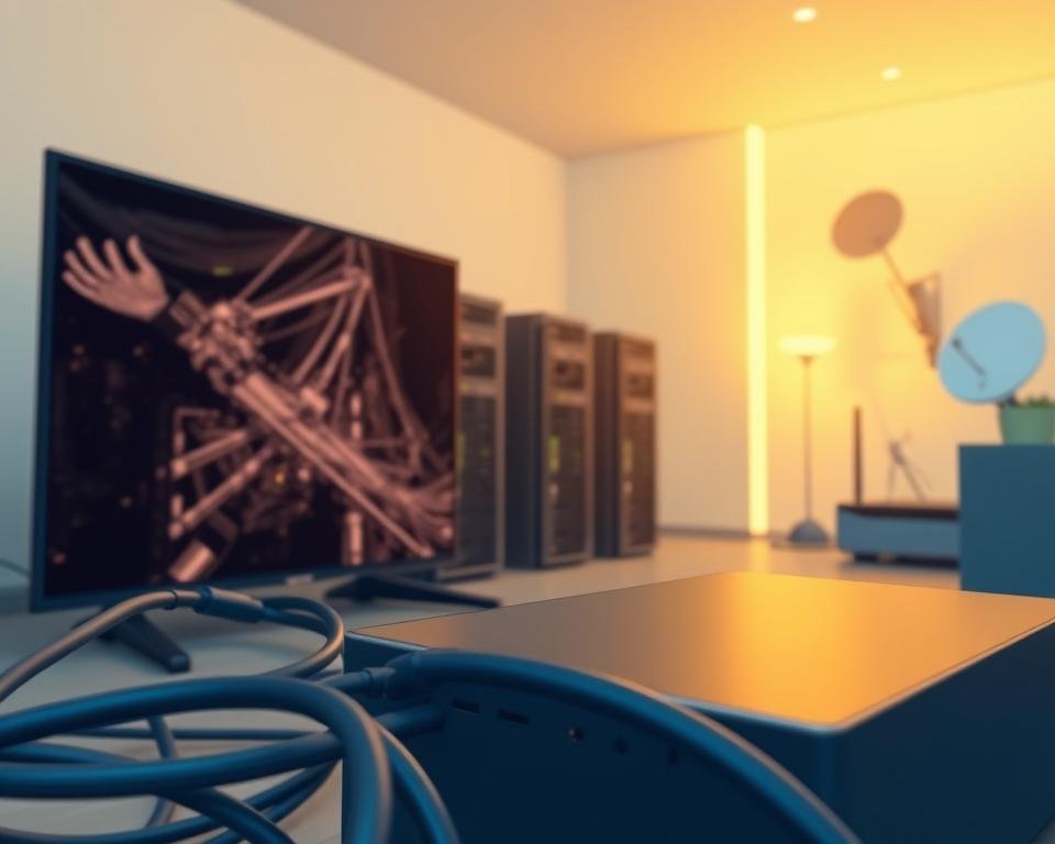 A detailed technical illustration depicting the IPTV streaming process. In the foreground, a user's smart TV or streaming device, with cables and ports visible. In the middle ground, a cloud-based IPTV service provider, represented by server racks and networking equipment. In the background, a residential internet router, satellite dish, or other connectivity infrastructure. The scene is illuminated by a soft, warm lighting, emphasizing the technological nature of the process. The overall mood is one of seamless integration between the user's device, the IPTV service, and the underlying network infrastructure, showcasing how IPTV technology enables convenient, high-quality media streaming for home entertainment.