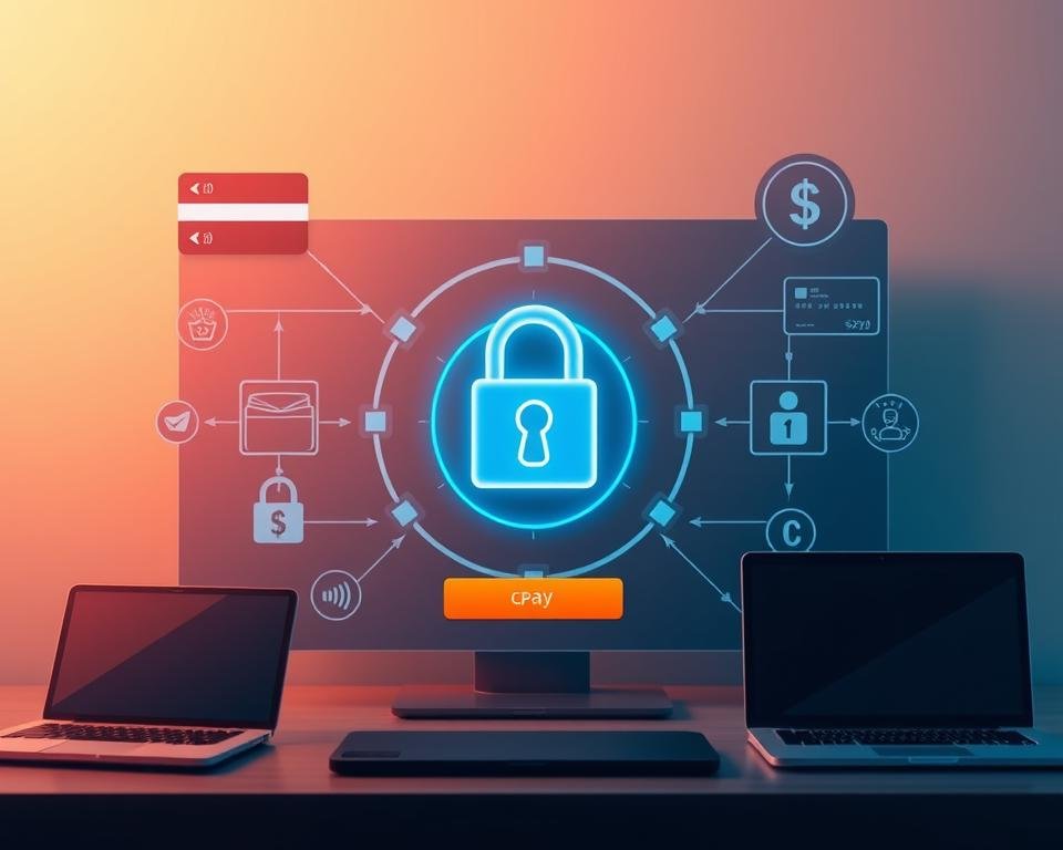 A digital payment gateway with a secure lock icon, surrounded by credit card symbols, mobile phones, and laptop computers. The scene is well-lit with a soft, warm glow, conveying a sense of trust and reliability. The background features a subtle gradient, with muted tones that complement the central payment interface. The composition is balanced, with the payment options presented in a clear and organized manner, emphasizing the ease and safety of the streaming service's subscription process.