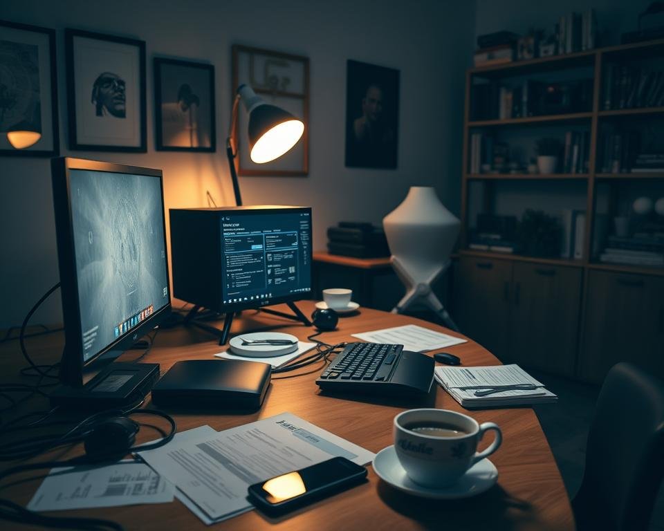 A dimly lit, cozy home office with a desktop computer, a sleek black router, and various networking cables. The desk is cluttered with technical manuals, a smartphone, and a steaming cup of coffee. The walls are adorned with minimalist artwork and shelves holding a mix of books and tech gadgets. Soft, warm lighting illuminates the scene, creating a sense of focus and concentration. The camera angle is slightly elevated, capturing the setup from an angle that suggests professionalism and expertise. This image conveys the idea of a knowledgeable individual guiding the viewer through the process of IPTV installation and safe streaming practices.