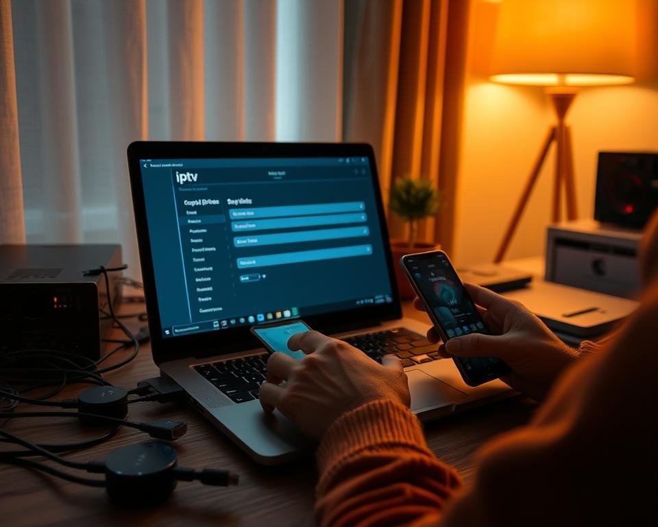 A dimly lit, modern home office setup with a laptop, smartphone, and various cables and devices. A person's hands are focused on configuring a new IPTV application on the laptop screen, with technical details and settings visible. The room is bathed in a warm, amber glow from a desk lamp, creating a cozy, productive atmosphere. The overall scene conveys the process of setting up and customizing a secure, user-friendly IPTV system for streaming content from the UK.