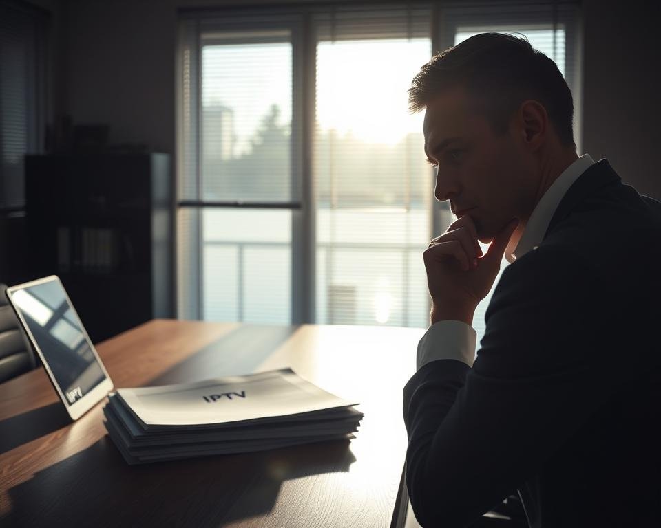 A dimly lit office interior, the afternoon sun filtering through the blinds. On a wooden desk, a laptop and a stack of legal documents, the text "IPTV" visible. In the foreground, a thoughtful businessman, hand on chin, considering the implications of streaming live TV content abroad. The atmosphere is one of contemplation and legal diligence, with subtle shadows and muted tones conveying the gravity of the subject matter.