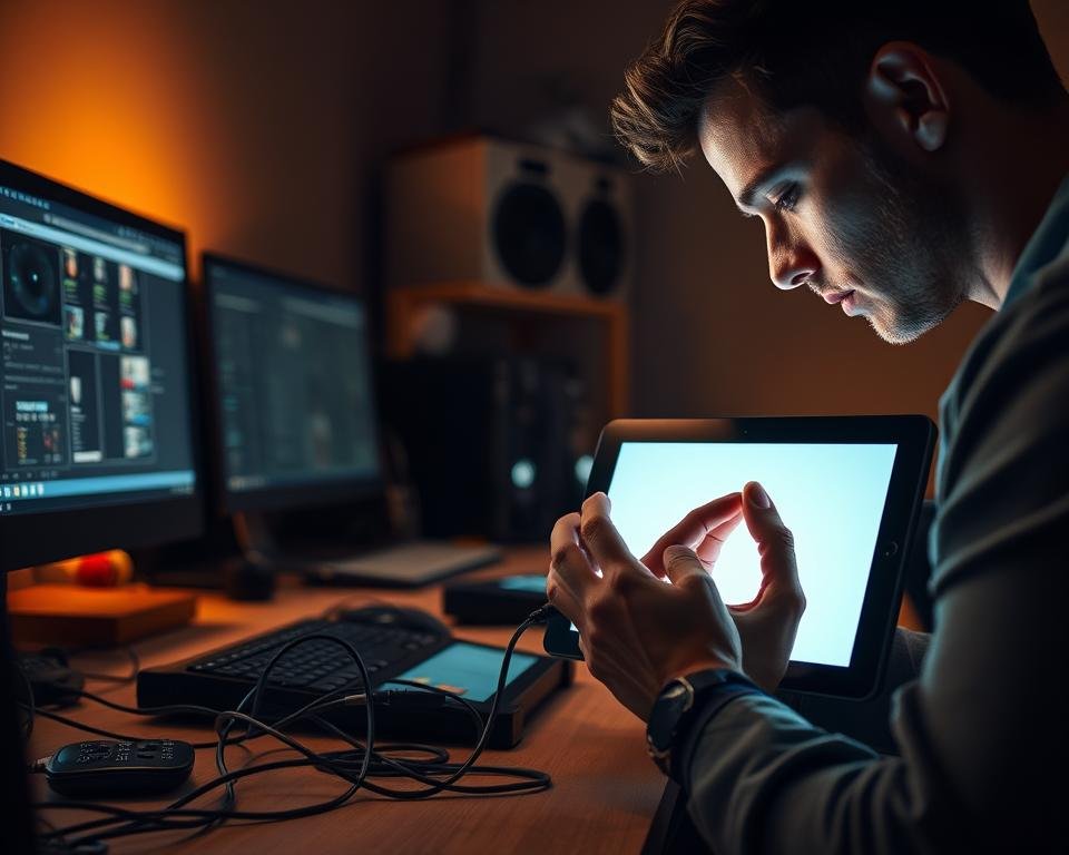 A dimly lit office workspace with a desktop computer, laptop, and various testing equipment. In the foreground, a person intently examining a tablet, their face illuminated by the screen's glow. Cables and wires snake across the desk, connecting the devices under rigorous analysis. The background is softly blurred, hinting at the broader context of a dedicated testing environment. Warm, indirect lighting casts a contemplative atmosphere, emphasizing the focus and precision required for comprehensive streaming service evaluation.