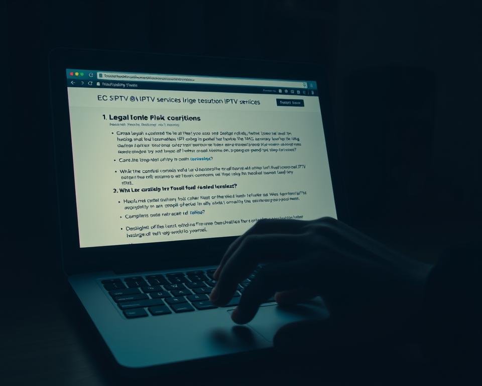 A dimly lit room, with a laptop illuminating a desk. On the screen, a web page outlining the legal considerations for using IPTV services, including discussions of copyright, licensing, and potential risks. In the foreground, a hand hovers over the keyboard, contemplating the implications. The atmosphere is one of uncertainty and caution, with a sense of the need to navigate the complexities of the digital landscape responsibly. Soft shadows cast by the laptop create a pensive mood, emphasizing the gravity of the decision at hand.