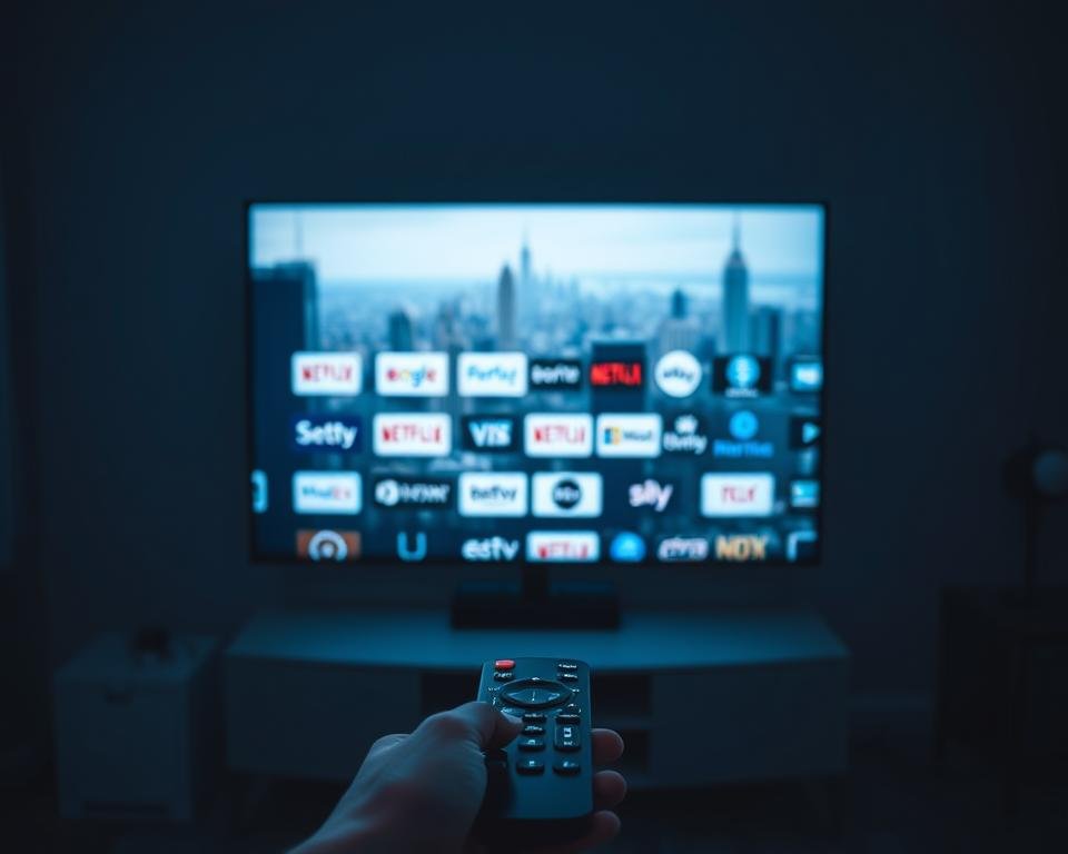 A dimly lit room, with a sleek and modern TV stand showcasing various streaming service logos. In the foreground, a user's hands hold a remote control, poised to navigate the options. The middle ground features a grid of streaming service icons, each meticulously detailed, inviting the viewer to compare and contrast the available choices. The background subtly depicts a blurred cityscape, hinting at the global reach and diversity of the streaming landscape. The overall scene evokes a sense of contemplation and decision-making, as the viewer is drawn into the process of selecting the right streaming service for their needs.