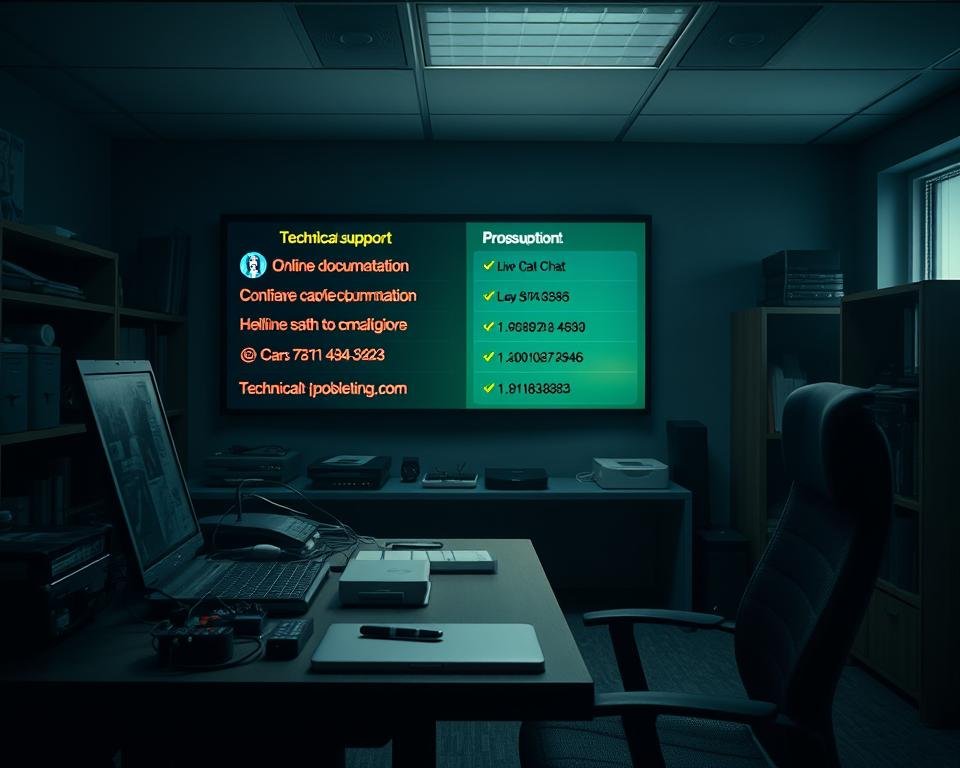 A dimly lit technical support office, with a desk and chair in the foreground. On the desk, various troubleshooting tools and devices like a laptop, smartphone, and diagnostic hardware. The middle ground features a wall-mounted display showcasing various support options, from online documentation to live chat and helpline numbers. The background has a bookshelf with technical manuals and a window providing a soft, natural light source. The overall atmosphere is one of problem-solving, with a sense of focus and professionalism. A dimly lit technical support office, with a desk and chair in the foreground. On the desk, various troubleshooting tools and devices like a laptop, smartphone, and diagnostic hardware. The middle ground features a wall-mounted display showcasing various support options, from online documentation to live chat and helpline numbers. The background has a bookshelf with technical manuals and a window providing a soft, natural light source. The overall atmosphere is one of problem-solving, with a sense of focus and professionalism.