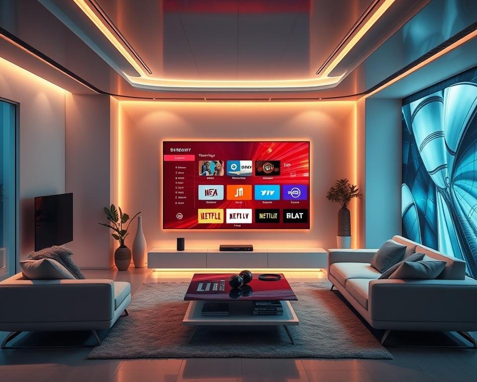 A futuristic interior with sleek, minimalist furniture and smart home technology. In the center, a large 4K smart TV displays a vibrant, high-resolution interface showcasing various IPTV services and streaming platforms. The room is bathed in warm, ambient lighting, creating a cozy and inviting atmosphere. The walls are adorned with abstract digital art, hinting at the convergence of technology and entertainment. The scene conveys a sense of modern, connected living, where the boundaries between traditional television and internet-based content are seamlessly blurred.