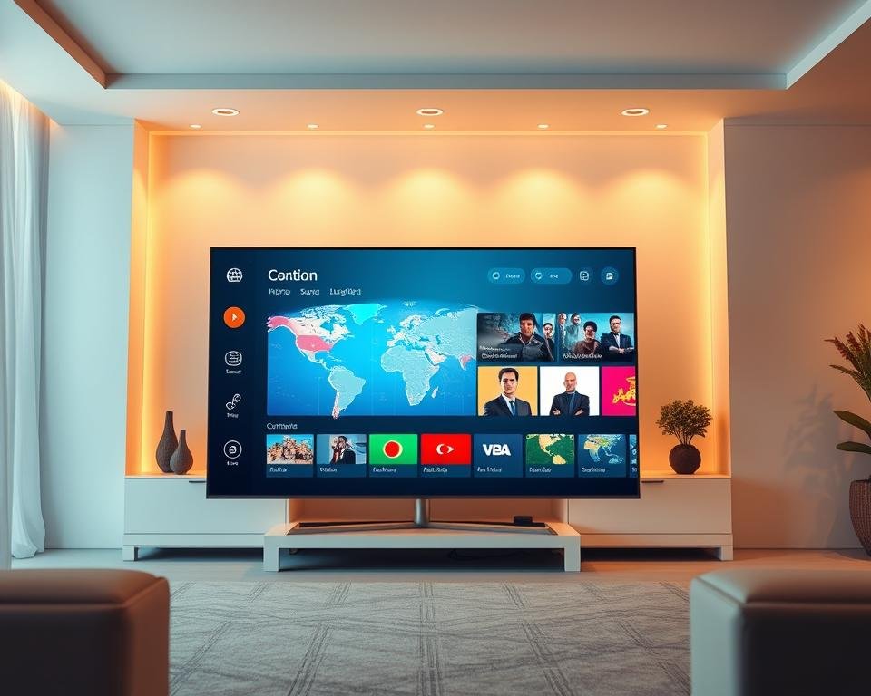 A futuristic, minimalist interface for the CatchOn TV multilingual streaming service. In the foreground, a sleek, high-definition smart TV screen showcases vibrant international content from various countries and languages. The middle ground features elegant icons and intuitive navigation controls, inviting the viewer to explore the service's diverse offerings. The background is bathed in a warm, ambient lighting that evokes a cozy, living room-like atmosphere, perfect for a seamless home entertainment experience. The overall composition conveys a sense of global connectivity, cultural integration, and technological sophistication.