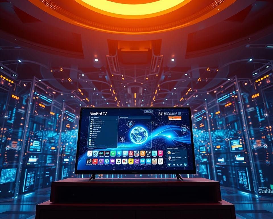 A futuristic scene of internet protocol television streaming. In the foreground, a sleek, modern television set displays a vibrant, high-definition image. The middle ground features a user interface with intuitive controls and a seamless navigation experience. In the background, a network of interconnected devices and servers create a dynamic, ever-evolving landscape of digital content. The lighting is warm and inviting, conveying a sense of technological advancement and convenience. The overall atmosphere is one of cutting-edge innovation, where the boundaries between traditional television and the digital world have blurred, offering a truly immersive and personalized viewing experience.
