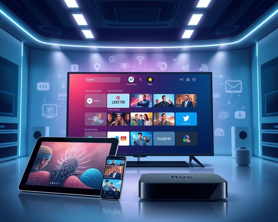 A futuristic technology-themed illustration showcasing an array of digital devices compatible with streaming services. In the foreground, a sleek, minimalist smart TV, tablet, smartphone, and streaming box are arranged in a visually appealing layout, their screens displaying vibrant, high-quality video content. The middle ground features a subtle backdrop of various connectivity icons, network cables, and wireless signals, conveying the idea of seamless device integration. The background is dominated by a cool-toned, low-lit interior design, creating a sense of modern, high-tech ambiance. Soft lighting illuminates the devices, emphasizing their premium, high-end aesthetic. The overall composition aims to convey the message of comprehensive device compatibility for optimal streaming experiences.