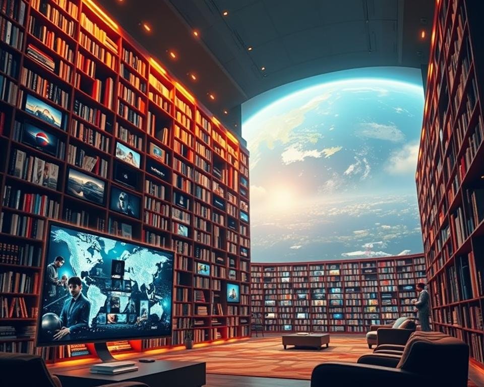 A grand library of global IPTV content, standing tall like a Viking fortress. Towering shelves filled with diverse media, from international news to blockbuster movies, all waiting to be explored. Warm lighting casts a cozy glow, inviting users to settle in and embark on a world-spanning entertainment journey. In the foreground, a sleek, modern interface showcases the breadth of the library, with intuitive navigation and seamless streaming capabilities. The background reveals a panoramic view of the world, symbolizing the global reach and comprehensive nature of the Viking IPTV service. A sense of exploration and discovery permeates the scene, capturing the essence of the best IPTV experience.