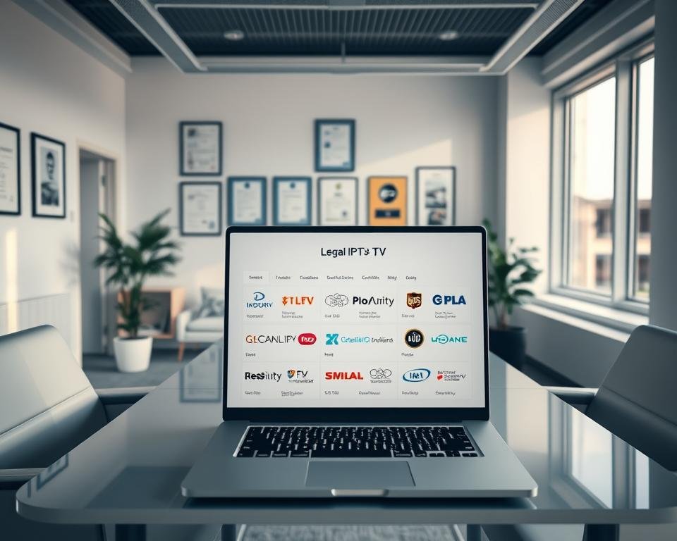 A high-angle shot of a modern office interior, with sleek, minimalist furniture and floor-to-ceiling windows bathing the space in natural light. On the desk, a laptop displays a clean, user-friendly interface showcasing various legal IPTV service options, their logos, and pricing details. The walls are adorned with framed legal documents and certifications, conveying a sense of professionalism and compliance. The overall atmosphere is one of trust, transparency, and a commitment to providing lawful IPTV solutions for UK consumers.
