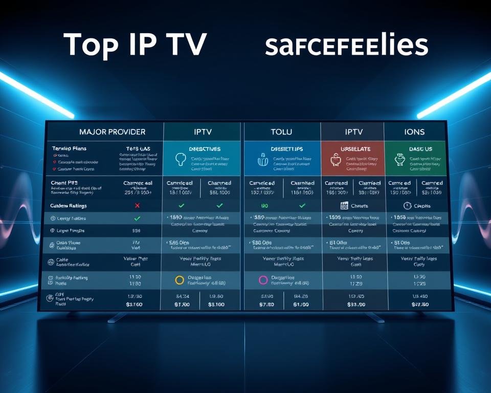 A high-contrast, digitally rendered infographic showcasing a detailed comparison of the top IPTV service providers in the UK market. The foreground features a grid-like layout with side-by-side boxes highlighting key details such as service plans, channel lineups, pricing, and customer ratings for each major provider. The middle ground incorporates subtle data visualizations, charts, and icons to convey the relative performance metrics of the services. The background has a sleek, futuristic aesthetic with subtle gradients and geometric patterns, creating a professional, tech-savvy atmosphere. The overall composition balances clarity of information with an elegant, minimalist design sensibility. A high-contrast, digitally rendered infographic showcasing a detailed comparison of the top IPTV service providers in the UK market. The foreground features a grid-like layout with side-by-side boxes highlighting key details such as service plans, channel lineups, pricing, and customer ratings for each major provider. The middle ground incorporates subtle data visualizations, charts, and icons to convey the relative performance metrics of the services. The background has a sleek, futuristic aesthetic with subtle gradients and geometric patterns, creating a professional, tech-savvy atmosphere. The overall composition balances clarity of information with an elegant, minimalist design sensibility.