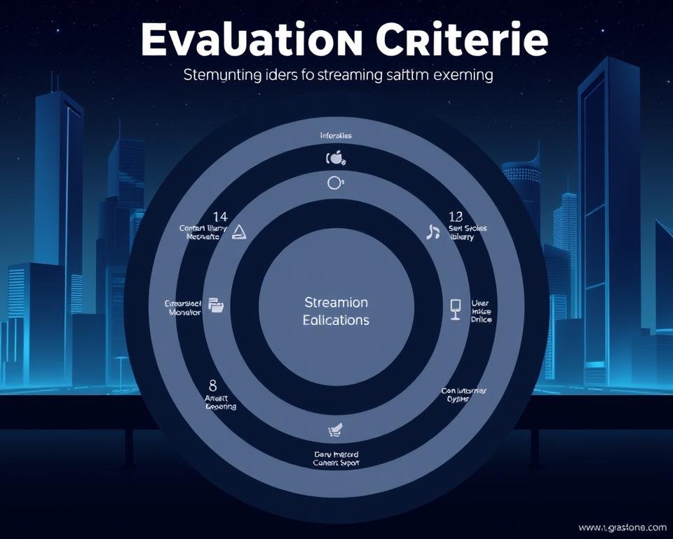A high-contrast, graphical illustration showcasing the key evaluation criteria for streaming services. In the foreground, a series of concentric rings arranged in a radial pattern, each ring representing a different metric such as content library, pricing, user interface, and customer support. The rings are rendered in a minimalist, info-graphic style using bold, geometric shapes and a clean, muted color palette. In the middle ground, subtle visual cues like icons or simple graphics provide additional context for each evaluation criterion. The background features a sleek, futuristic cityscape with skyscrapers and a nighttime skyline, conveying a sense of modernity and technological advancement appropriate for the subject matter. A high-contrast, graphical illustration showcasing the key evaluation criteria for streaming services. In the foreground, a series of concentric rings arranged in a radial pattern, each ring representing a different metric such as content library, pricing, user interface, and customer support. The rings are rendered in a minimalist, info-graphic style using bold, geometric shapes and a clean, muted color palette. In the middle ground, subtle visual cues like icons or simple graphics provide additional context for each evaluation criterion. The background features a sleek, futuristic cityscape with skyscrapers and a nighttime skyline, conveying a sense of modernity and technological advancement appropriate for the subject matter.