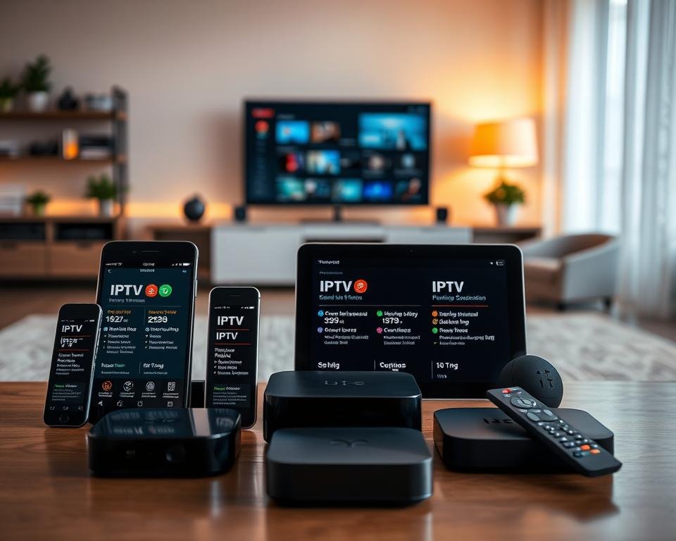 A high-contrast, well-lit scene showcasing various IPTV subscription options. In the foreground, several digital devices such as smartphones, tablets, and streaming boxes are prominently displayed, each depicting different IPTV service plans and packages. The middle ground features a clean, modern desktop setup with a laptop and remote controls, highlighting the ease of accessing IPTV content. The background subtly suggests a living room environment, with warm lighting and minimalist decor, conveying a sense of comfort and convenience for the IPTV user. The overall composition emphasizes the accessibility and versatility of IPTV subscription services. A high-contrast, well-lit scene showcasing various IPTV subscription options. In the foreground, several digital devices such as smartphones, tablets, and streaming boxes are prominently displayed, each depicting different IPTV service plans and packages. The middle ground features a clean, modern desktop setup with a laptop and remote controls, highlighting the ease of accessing IPTV content. The background subtly suggests a living room environment, with warm lighting and minimalist decor, conveying a sense of comfort and convenience for the IPTV user. The overall composition emphasizes the accessibility and versatility of IPTV subscription services.